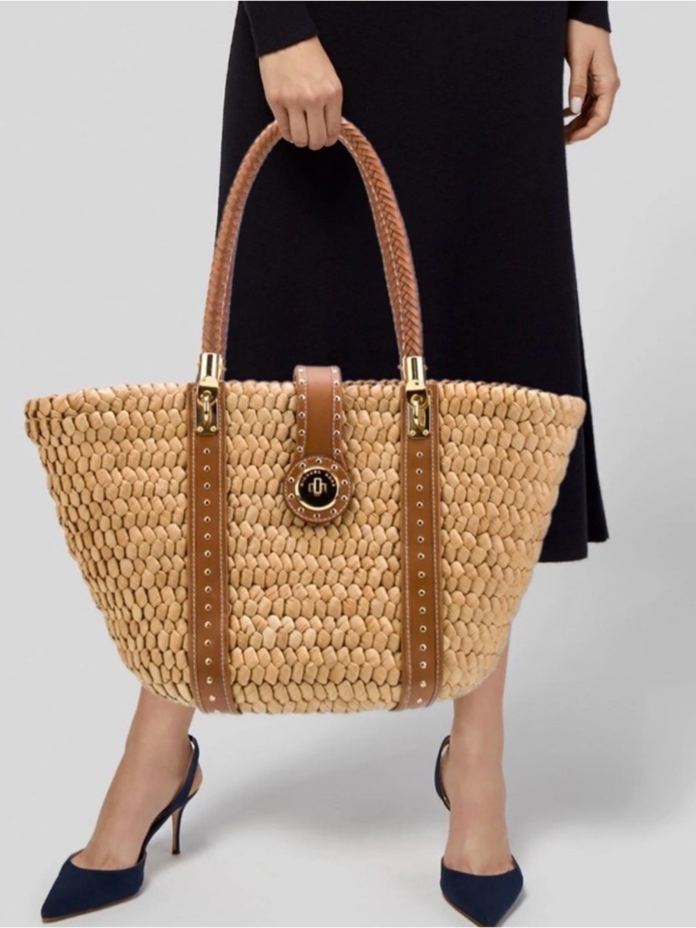 Michael Kors Natural Straw Tote with Brown Leather Handles and Gold Hardware - Picture 1 of 8